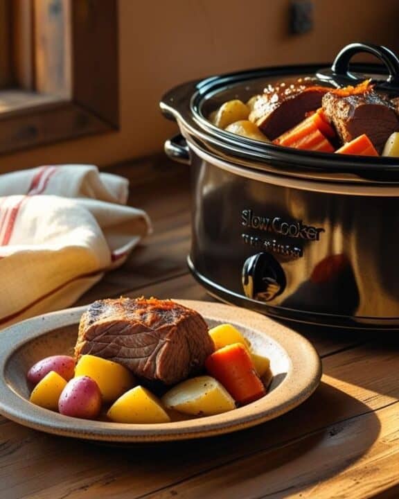 A warm and cozy kitchen counter with an open slow cooker filled with pot roast and vegetables. Include a ladle, a tea towel, and a plated serving beside it.