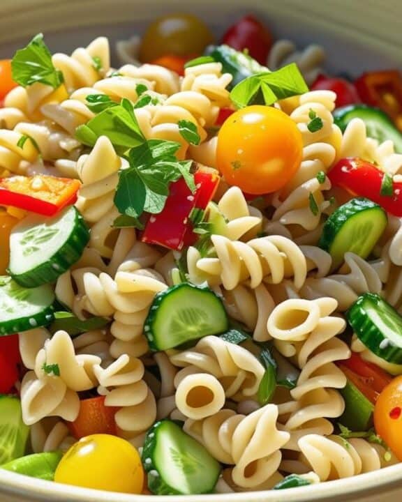 A colorful bowl of pasta salad with fresh vegetables and a light dressing.