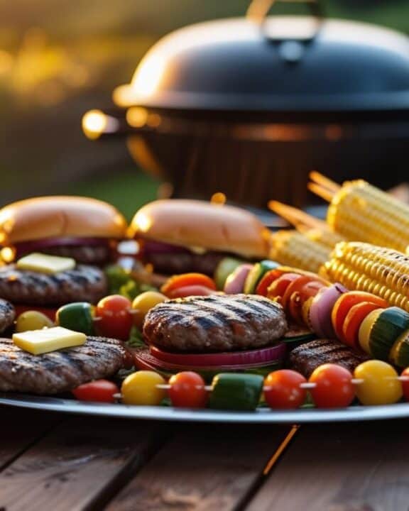 A backyard picnic table with a platter of grilled burgers, skewers, and corn on the cob, with a charcoal grill in the background and golden sunset lighting.