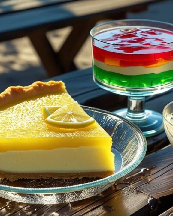 A sunny outdoor picnic scene featuring a rustic wooden picnic table. On the table, a chilled glass dish filled with a vibrant slice of lemon icebox pie, showcasing its creamy filling and buttery crust; next to it, a gleaming glass parfait overflowing with layers of colorful jello; and finally, a small glass bowl of melting ice cream, with visible condensation on all three glass dishes, reflecting the bright sunlight. The scene is rendered in a photorealistic style, with a focus on the textures and light.