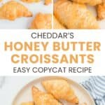 Copycat Cheddar's honey butter croissants on a plate and marble surface.