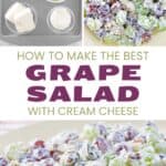 Grape salad with cream cheese ingredients and the salad on a platter.