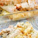 Copycat Olive Garden asiago chicken tortelloni alfredo in a baking dish and on a plate.