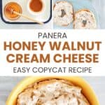 Copycat Panera honey walnut cream cheese ingredients and the spread in a bowl and on bagels.