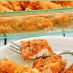 Ritz cracker chicken tenders on a plate and in a glass baking dish.