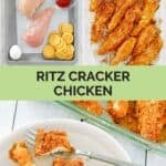 Ritz cracker chicken ingredients and the tenders in a dish and on a plate.