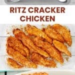 Ritz cracker chicken ingredients and the chicken on a plate.