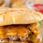 Copycat Steak 'N Shake garlic double steakburger on a wood board.