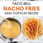Copycat Taco Bell nacho fries ingredients and the fries with dipping sauce on a plate.
