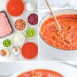 Copycat Wendy's chili ingredients, and the chili in a pot and bowl.