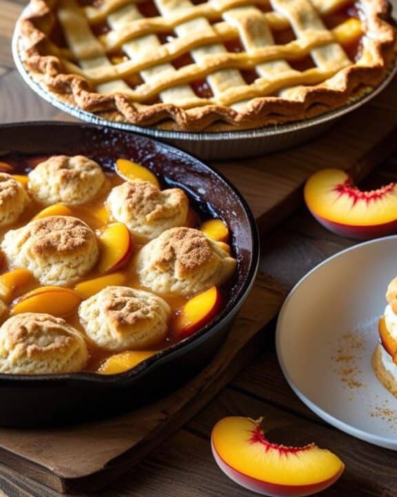A variety of peach desserts resting on a rustic table