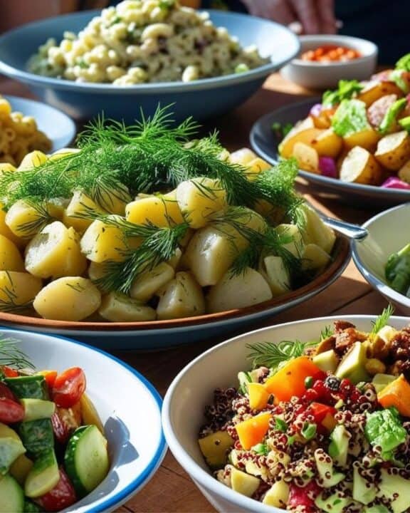 various salads on a table at a potluck