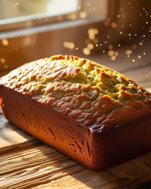 a freshly made loaf of zucchini bread resting on a rustic kitchen counter