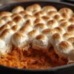 A cast iron skillet filled with sweet potato casserole topped with toasted marshmallows.